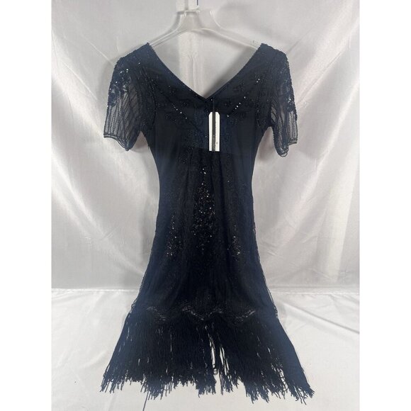 Women's 1920s Flapper Dress V Neck Roaring 20s Great Gatsby Black Small NWT's. - Picture 1 of 6
